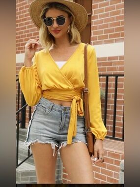 Cropped Wrap-Front Long Sleeve Top in Mustard Yellow Med
